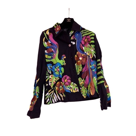 Kensington Lane Women's Black Hand Painted Tropical Art Silk Shirt Jacket Small - Picture 2 of 7
